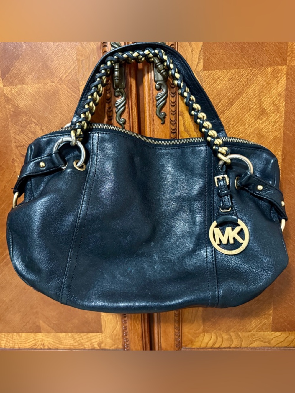 Michael Kors Black Leather Shoulder Bag with Gold Hardware and MK Charm